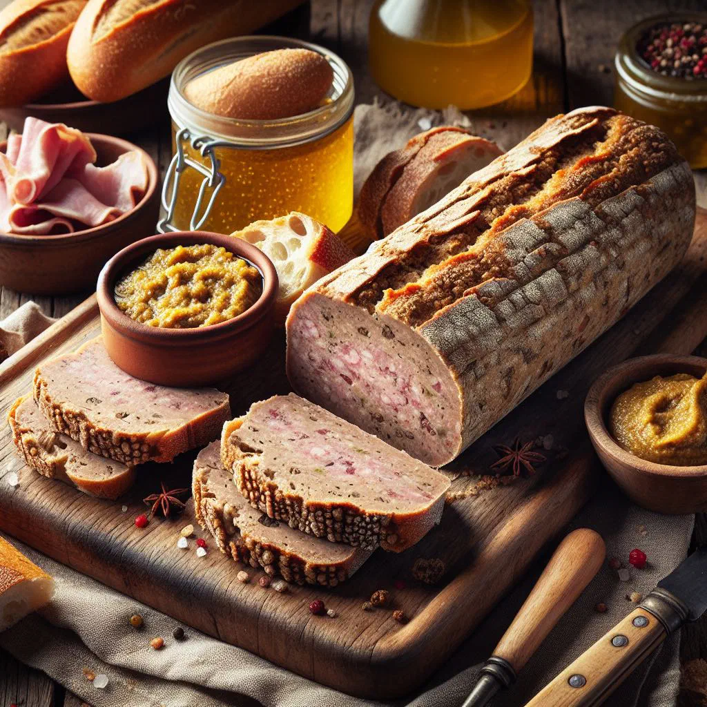 Sliced country pâté on a wooden board with bread and pickles