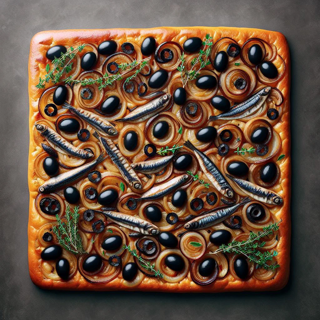 Pissaladière tart topped with caramelised onions, black olives and thyme