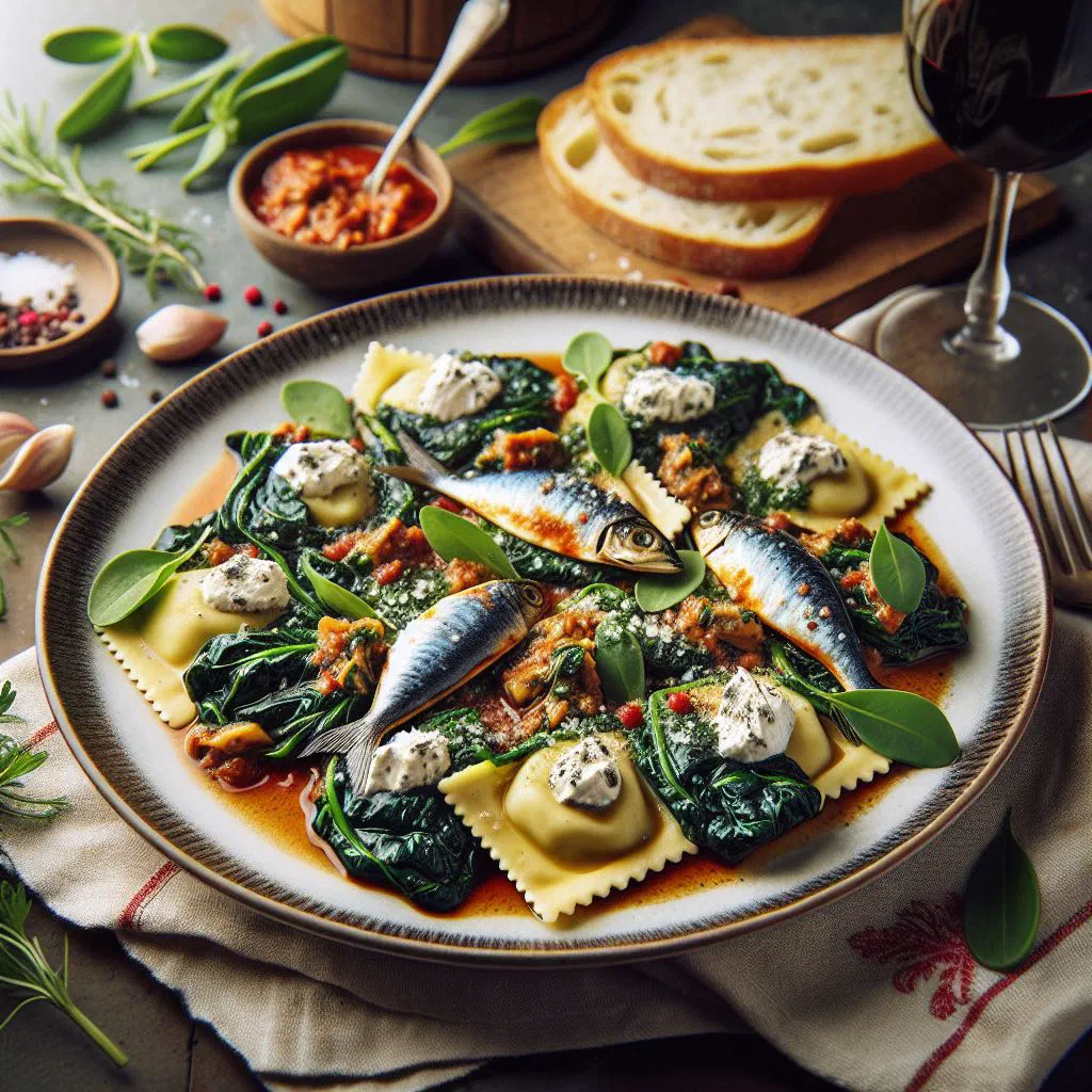 Raviolis niçois filled with spinach and ricotta, topped with grated parmesan and basil