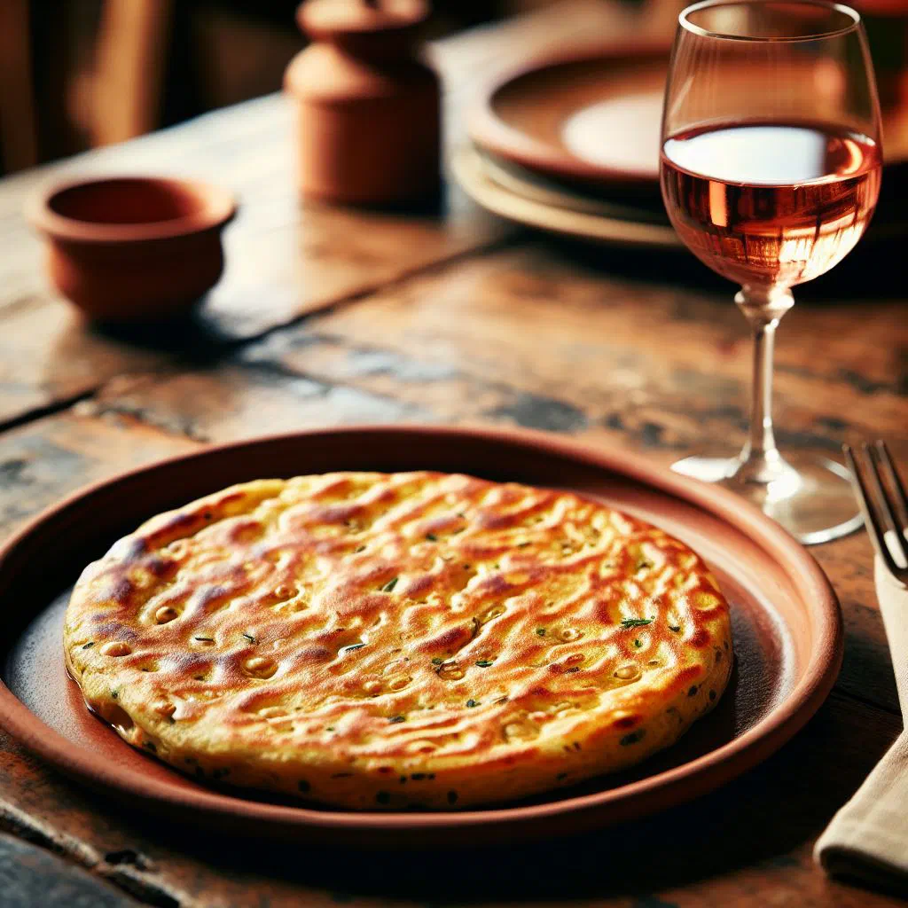 Golden crisp socca chickpea pancake cut into wedges with lemon