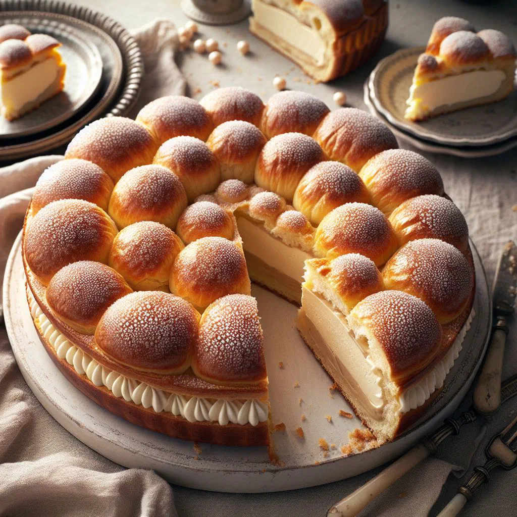 Tarte Tropézienne cut into wedges with vanilla cream filling and sugared brioche top