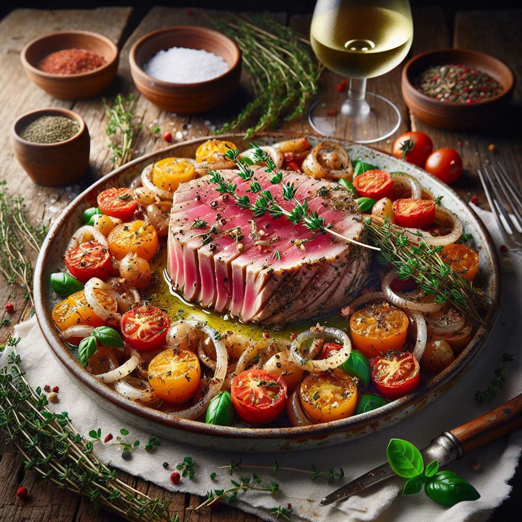Seared tuna steak in a provençal tomato and garlic sauce with fresh basil
