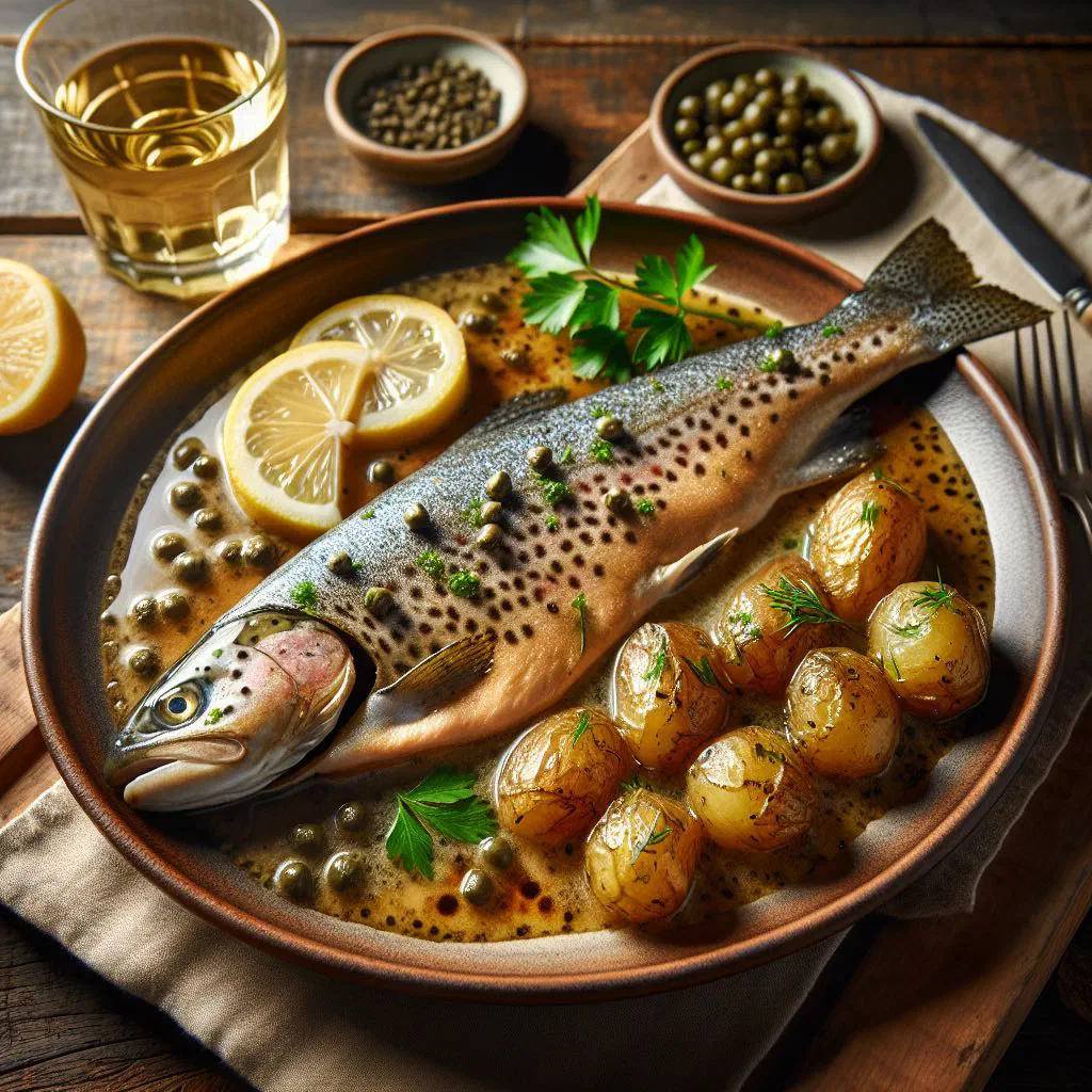 Pan-fried trout in golden butter with lemon slices and fresh herbs
