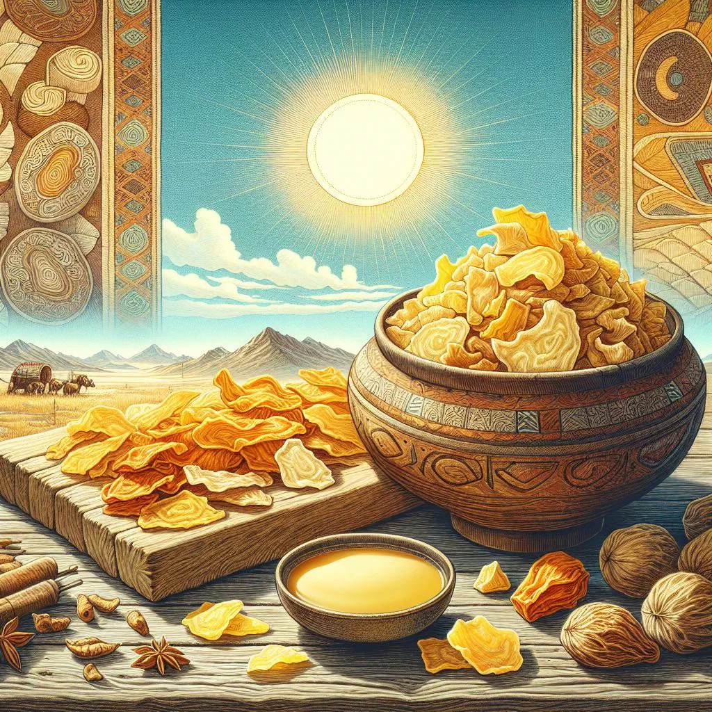 Small pieces of dried curd aaruul arranged on a plate