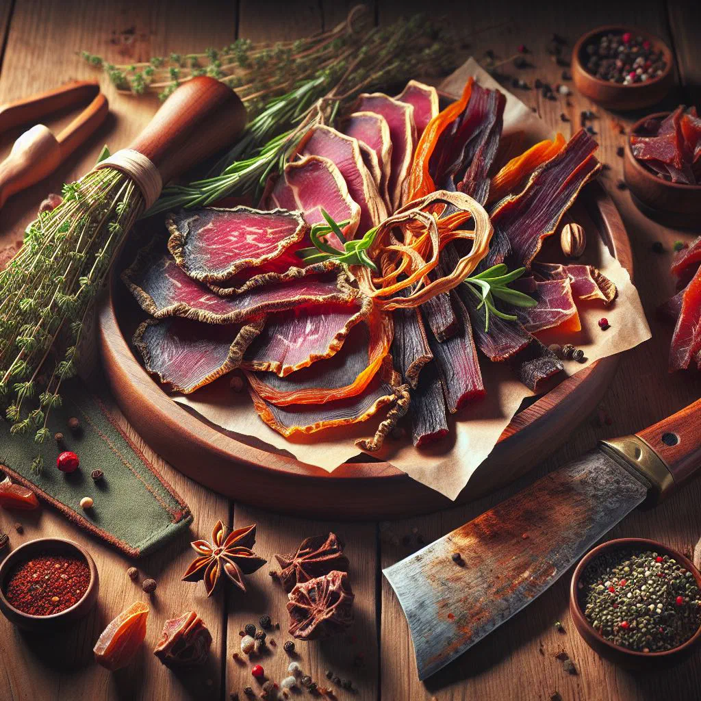 Strips of Mongolian air-dried beef borts on a rustic wooden board