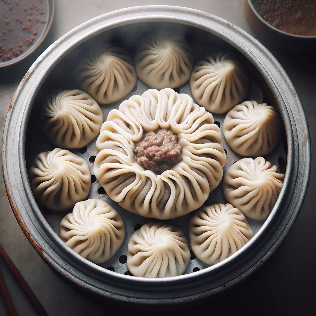 A plate of freshly steamed Mongolian buuz dumplings