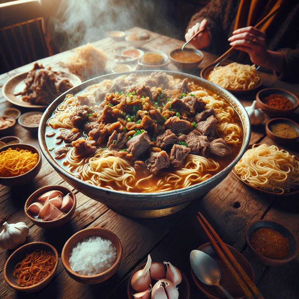 Bowl of Guriltai Shul, a Mongolian noodle soup with tender meat and vegetables