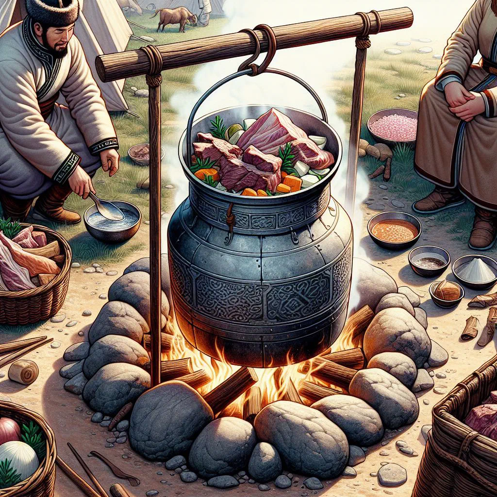 Khorkhog with lamb, potatoes and vegetables cooked over hot stones in a metal container