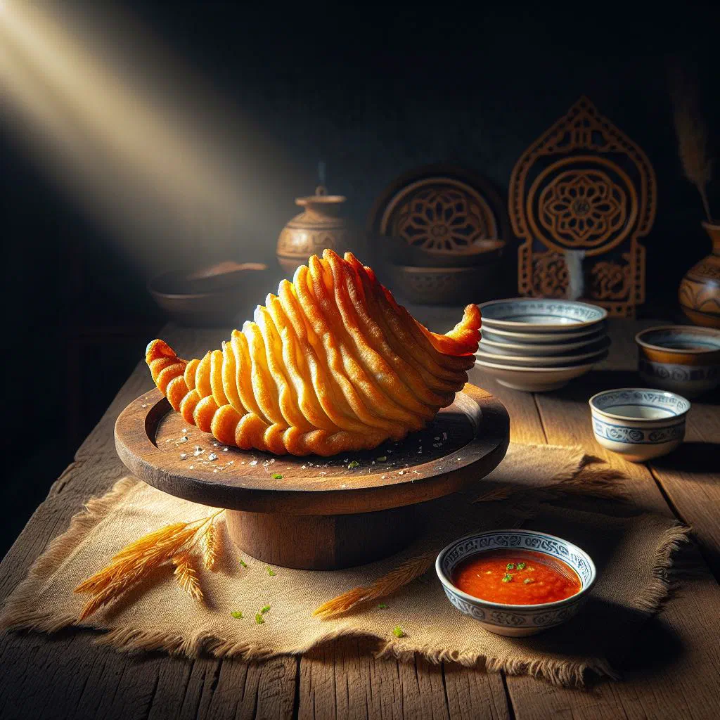 Golden-fried Mongolian khuushuur meat pastries on a plate
