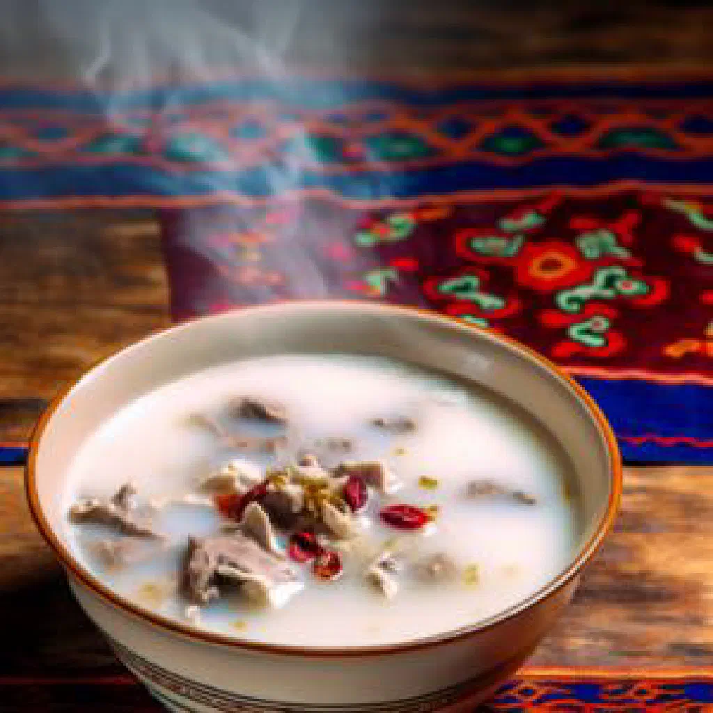 Shimiin arkhi, a fermented mare's milk drink, served in a wooden cup