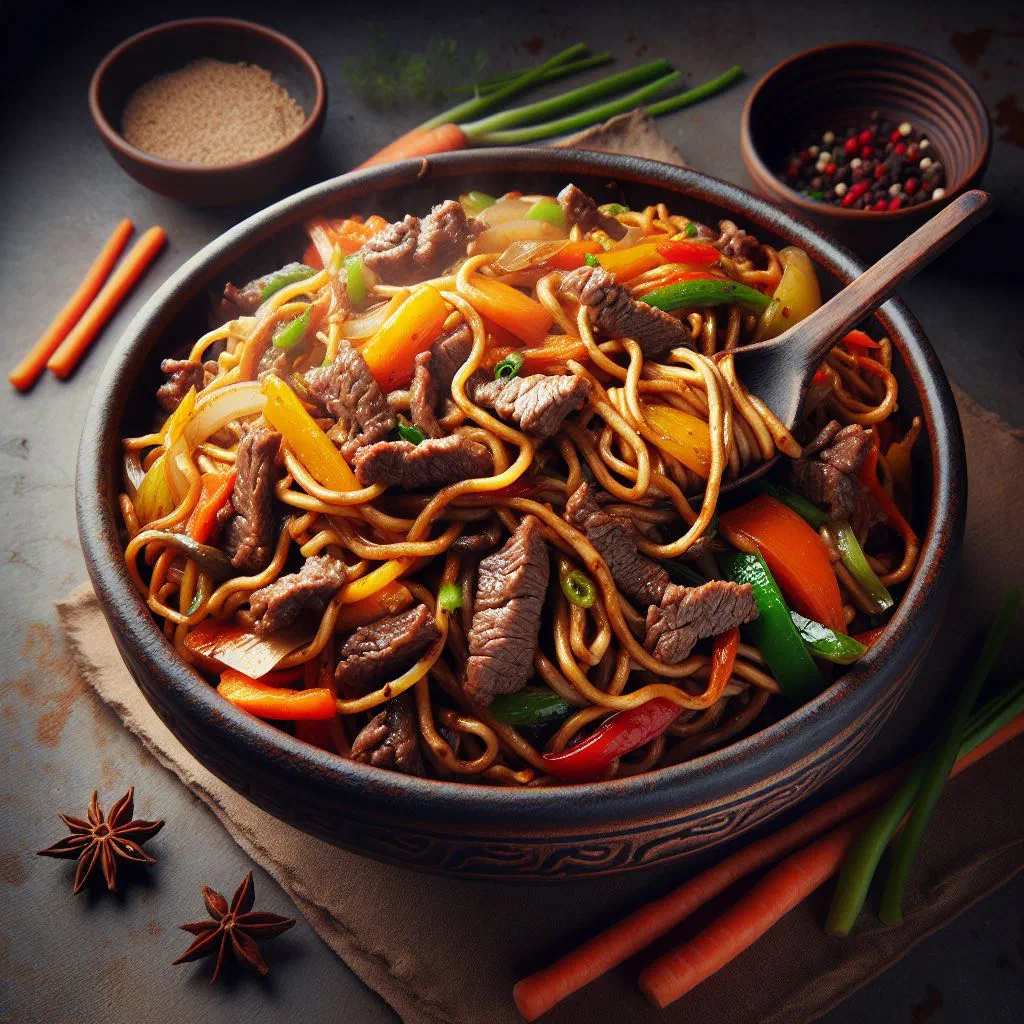 Bowl of Mongolian tsuivan with steamed noodles, tender meat and vegetables