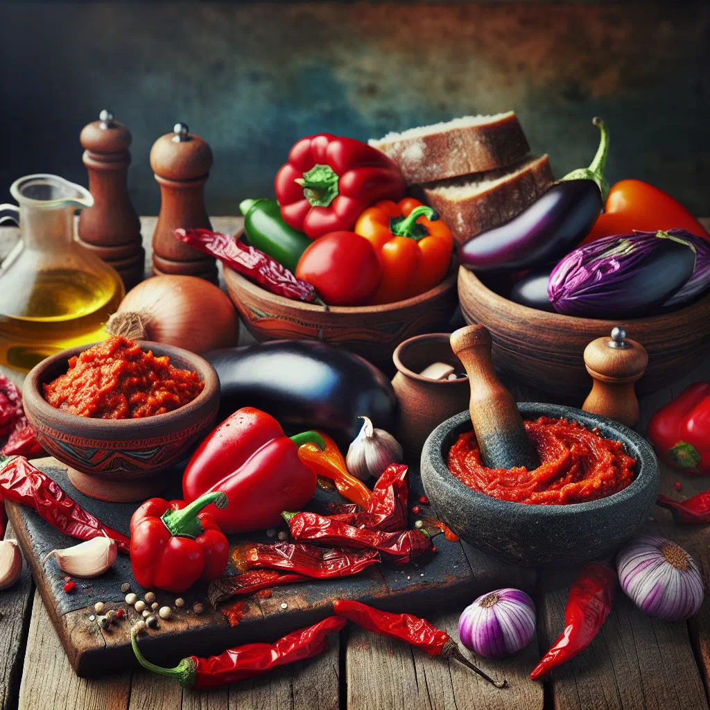 Bowl of deep red ajvar pepper relish drizzled with olive oil and served with bread