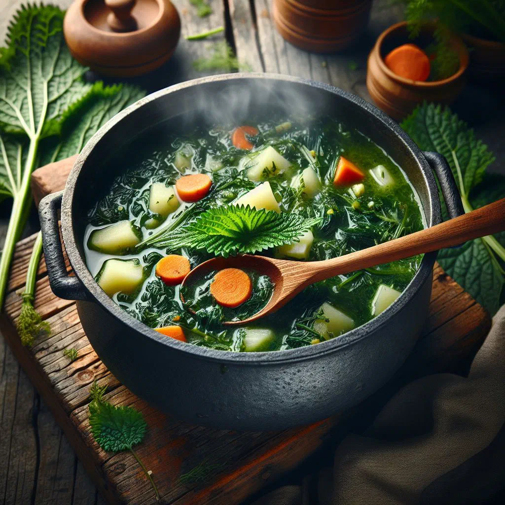 Bowl of creamy green Montenegrin nettle soup garnished with herbs and olive oil