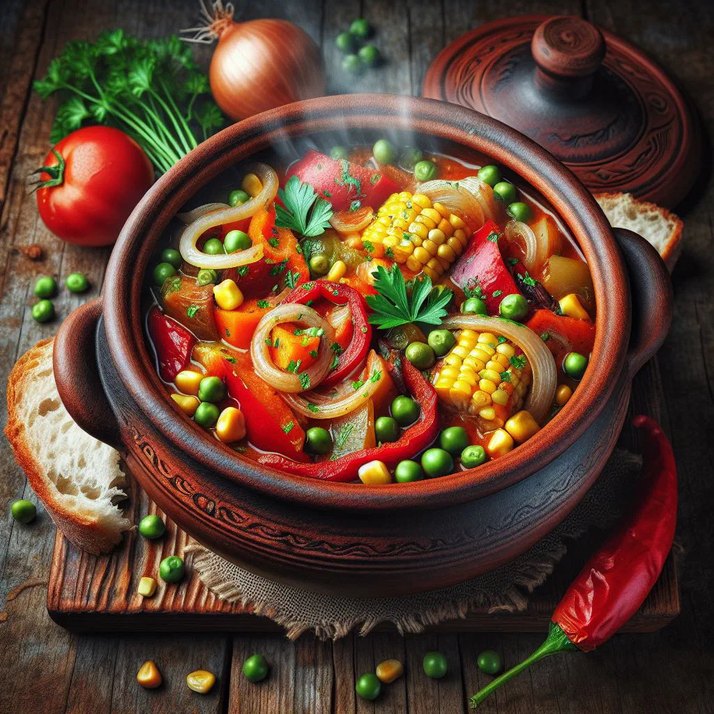 Đuveč with rice, peppers, courgette and tender meat in a rustic dish