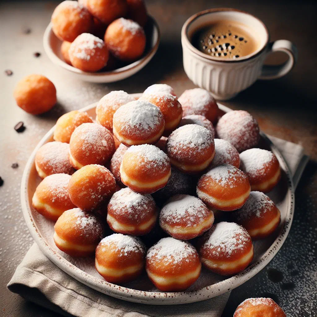 Golden fritule doughnuts dusted with icing sugar on a plate