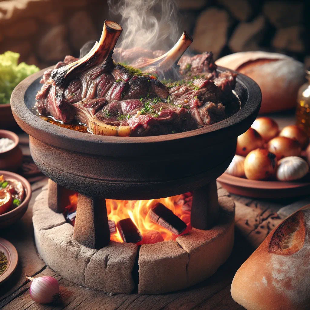 Slow-cooked lamb with potatoes and vegetables on a rustic platter