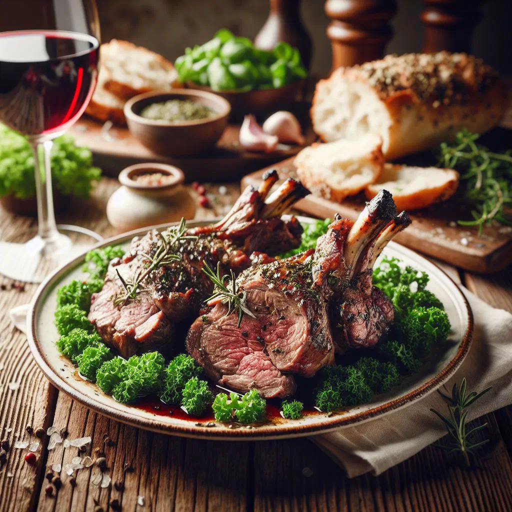 Grilled lamb chops with charred vegetables on a wooden board