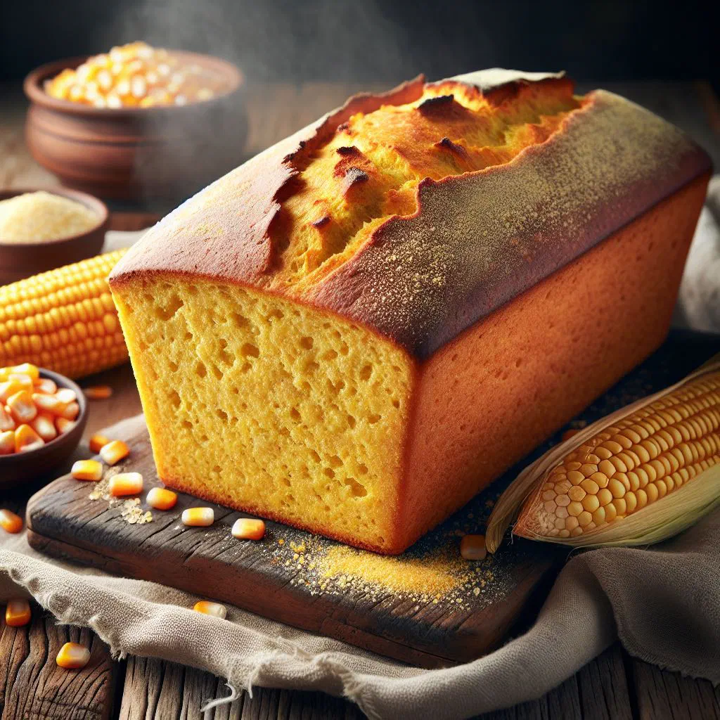 Golden loaf of Montenegrin corn bread, sliced on a wooden board
