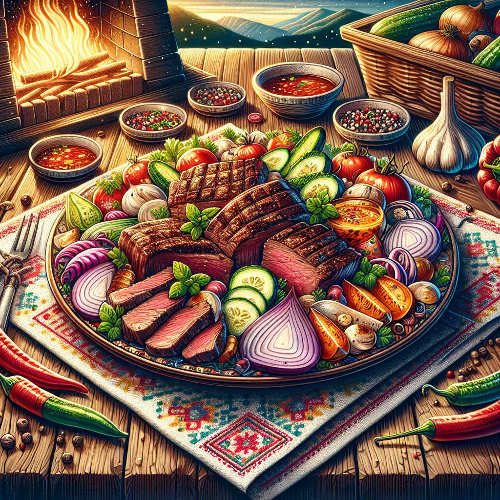 Grilled meat on a wooden board with fresh herbs and lemon