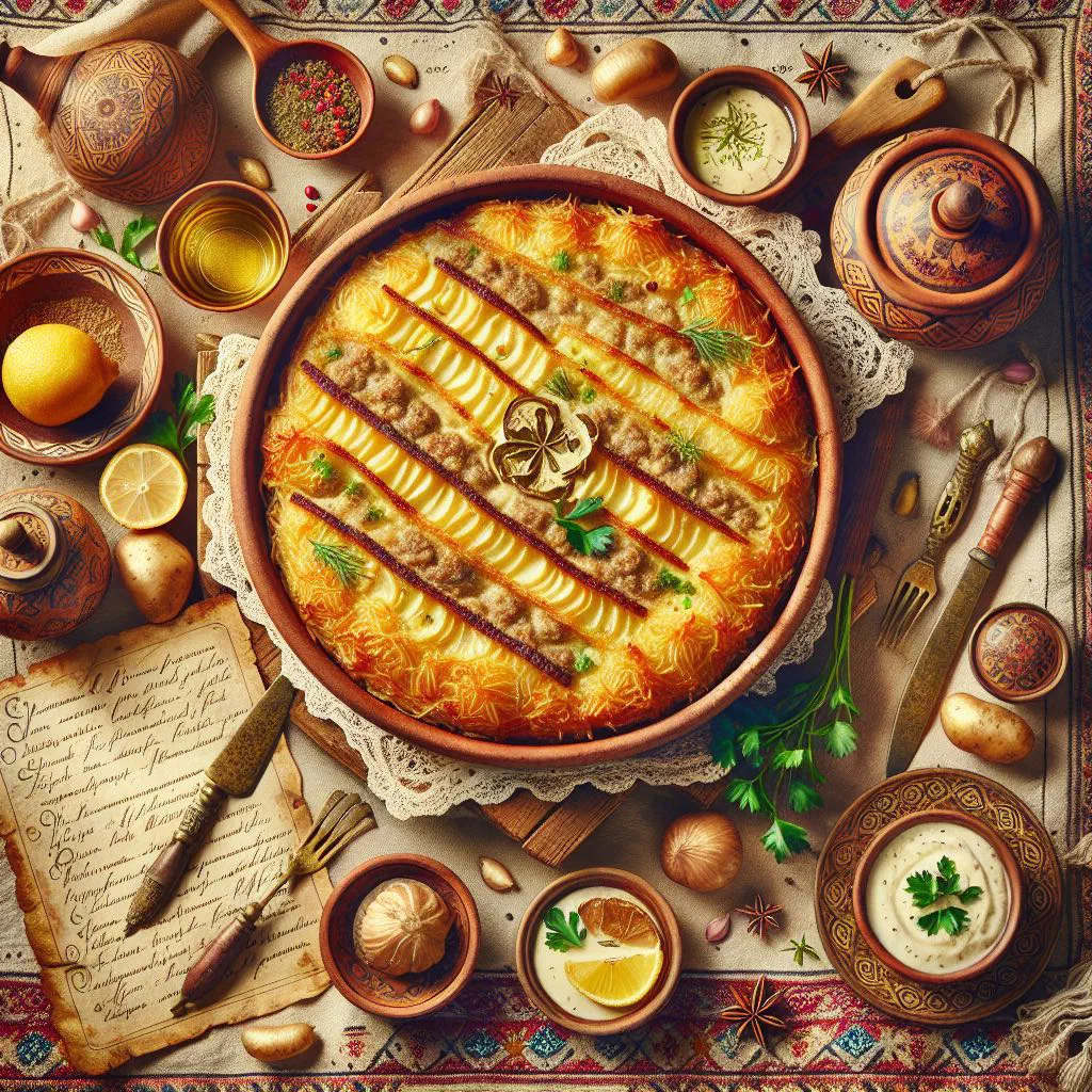 Baked musaka in a dish with layers of aubergine, potato and minced meat under a golden béchamel top