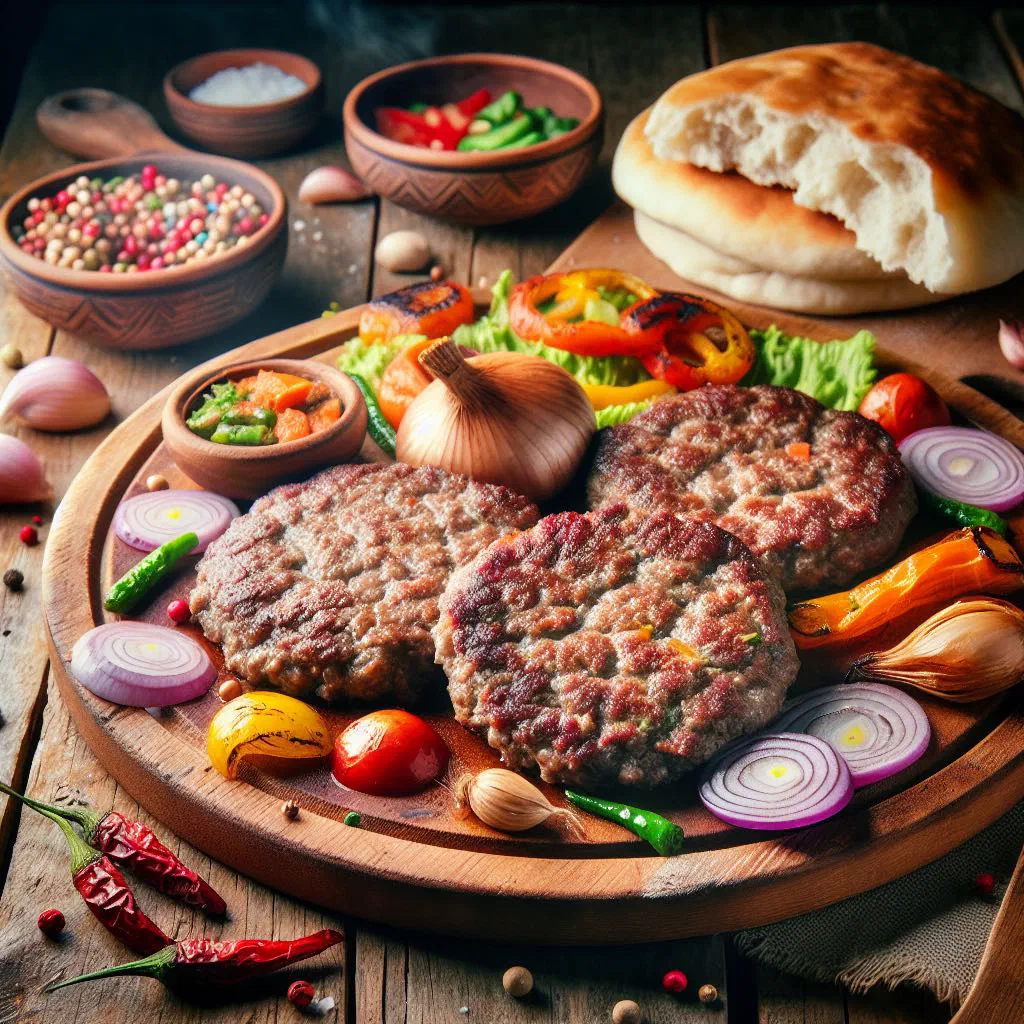 Grilled pljeskavica patty served in flatbread with fresh vegetables