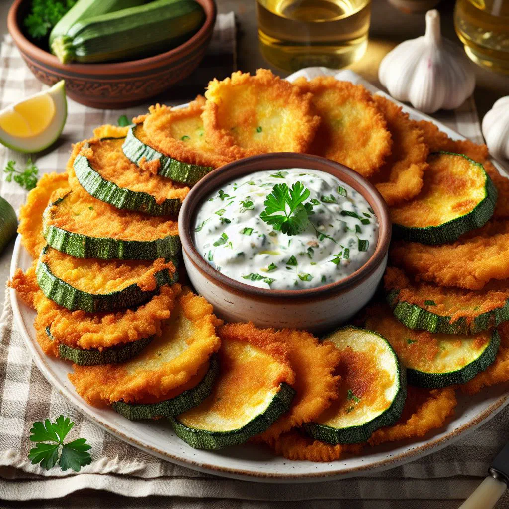 Golden breaded courgette slices served with a yoghurt dip
