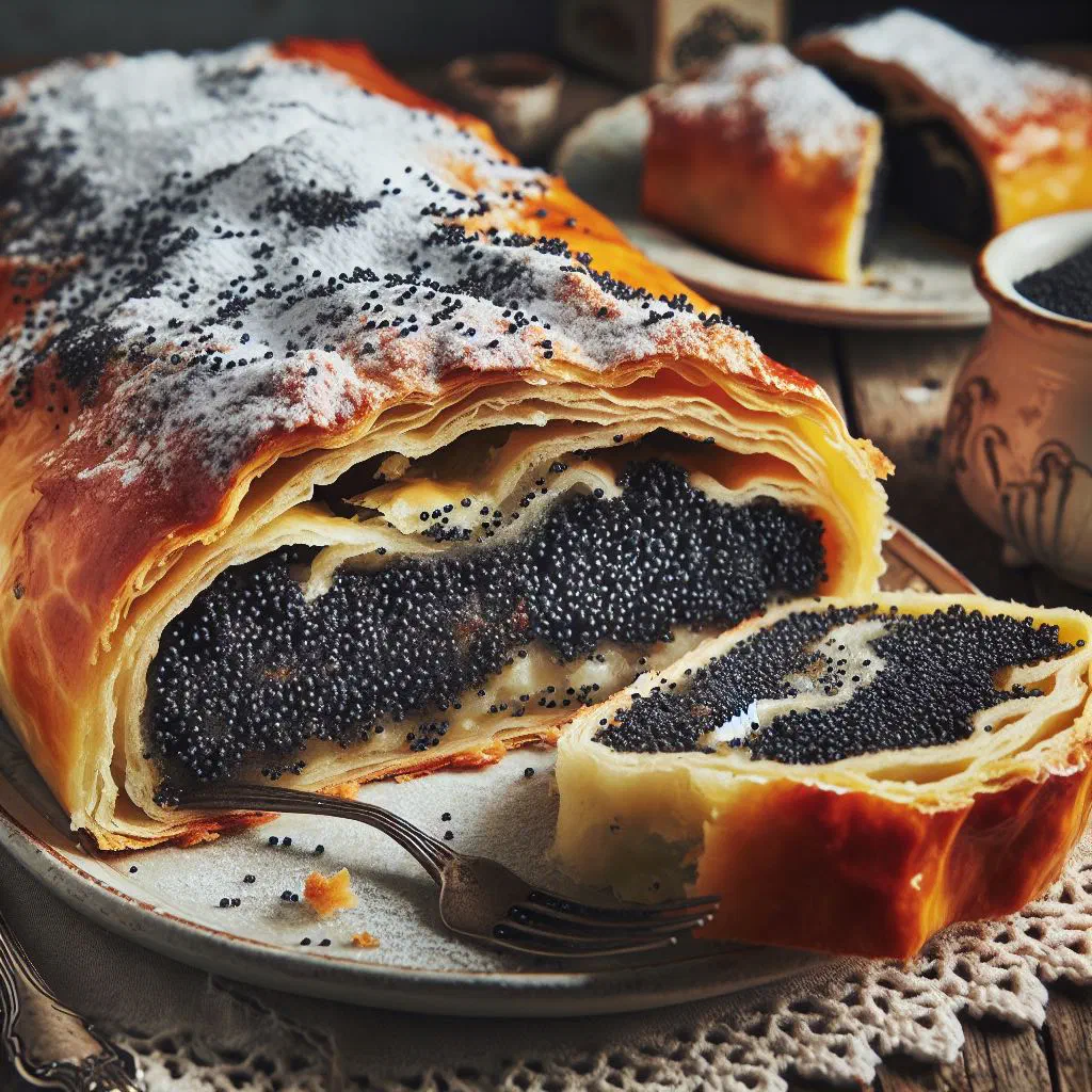 Sliced poppy seed strudel dusted with icing sugar on a plate