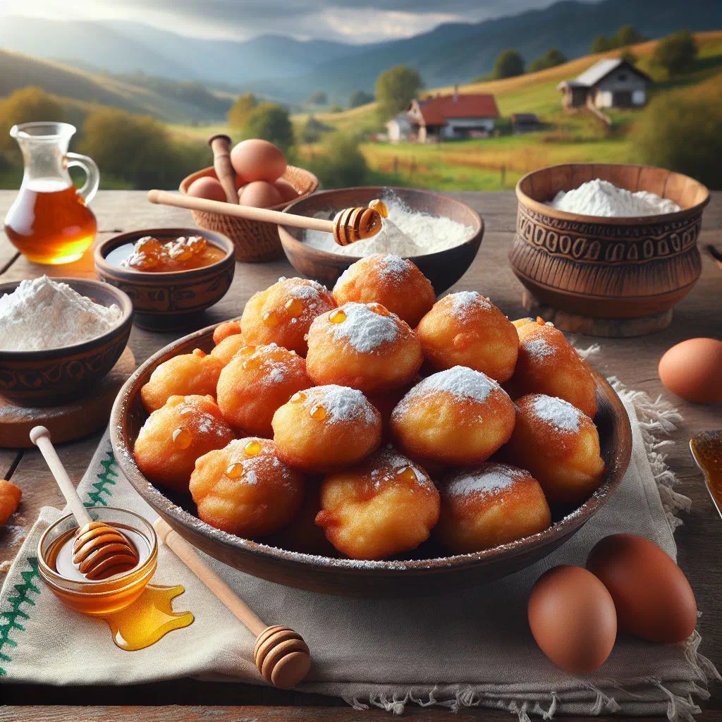 Golden fried Montenegrin priganice dough balls drizzled with honey