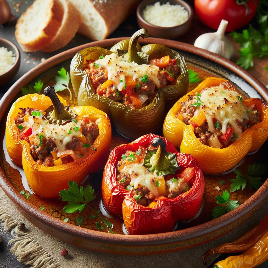 Baked stuffed peppers in tomato sauce, garnished with fresh parsley