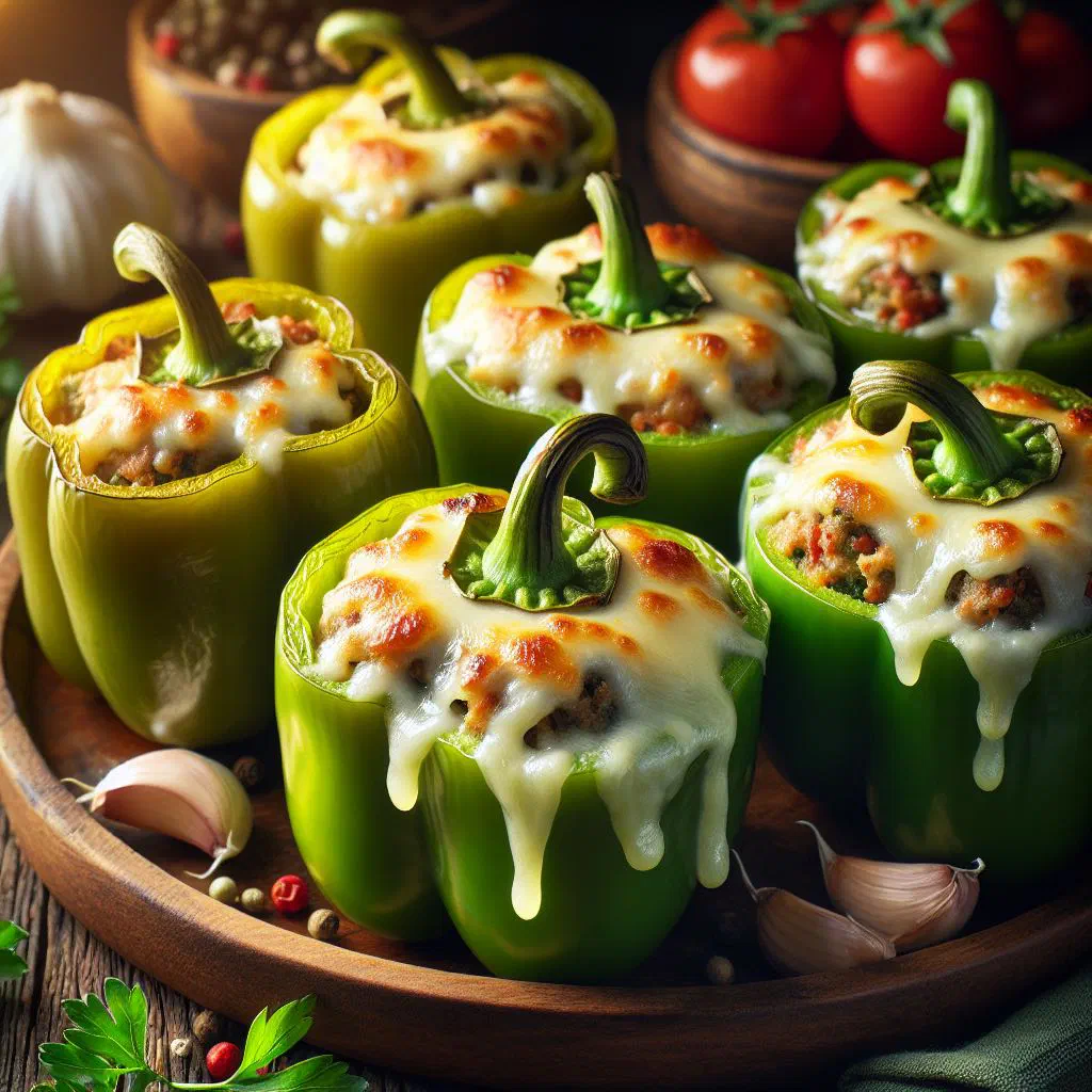 Baked stuffed peppers with a creamy cheese filling, garnished with fresh herbs
