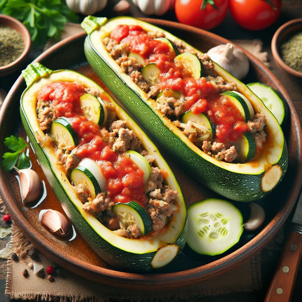 Stuffed courgettes baked in tomato sauce and garnished with fresh parsley