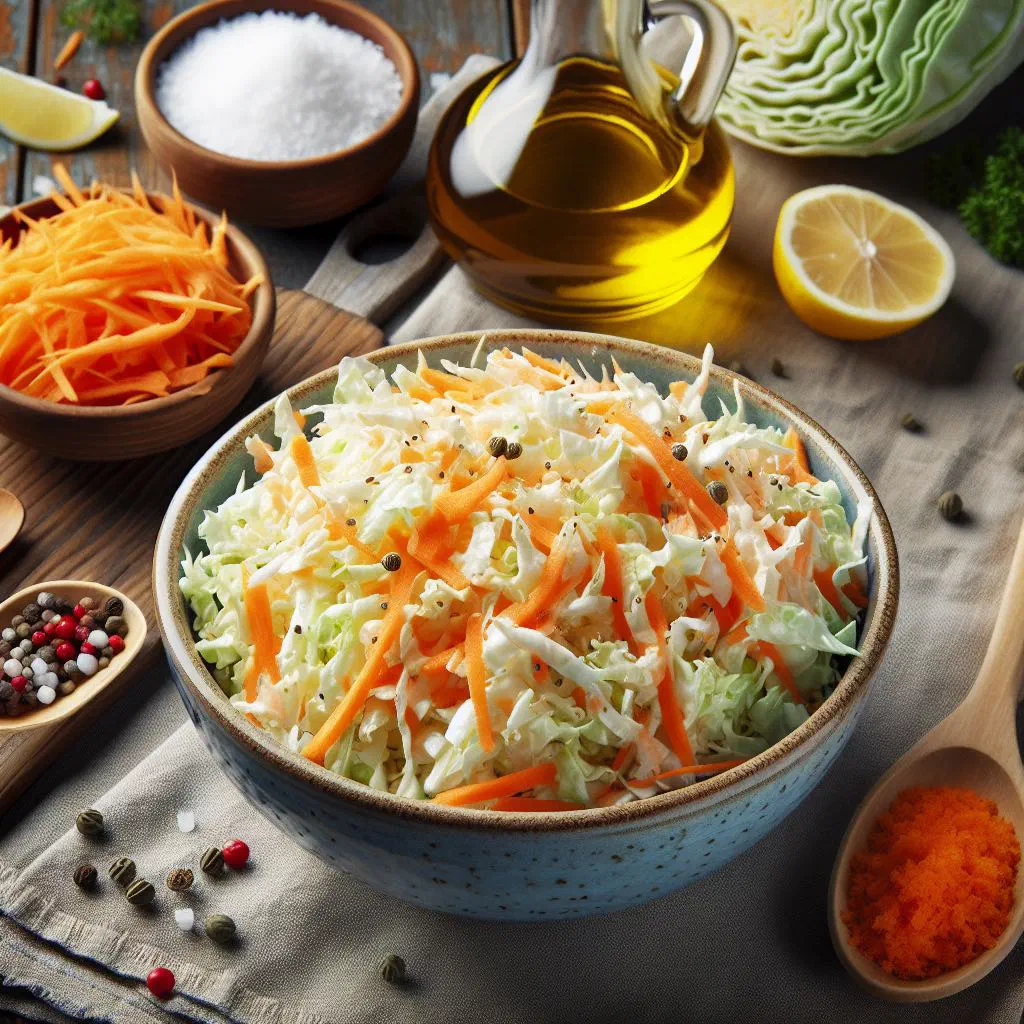 Bowl of Montenegrin white cabbage salad with grated carrot and vinaigrette