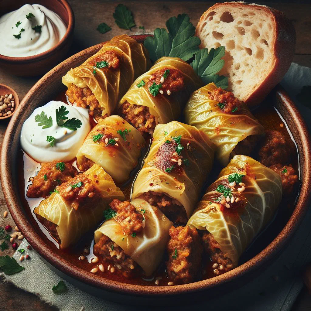 Sarma cabbage rolls simmered in a pot and served with soured cream
