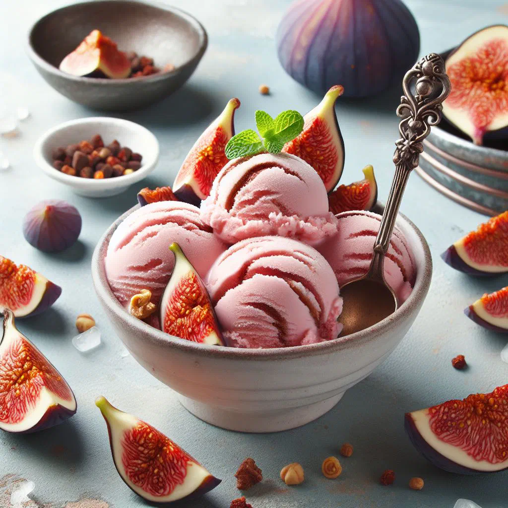 Scoops of creamy Montenegrin fig ice cream garnished with fresh figs and mint