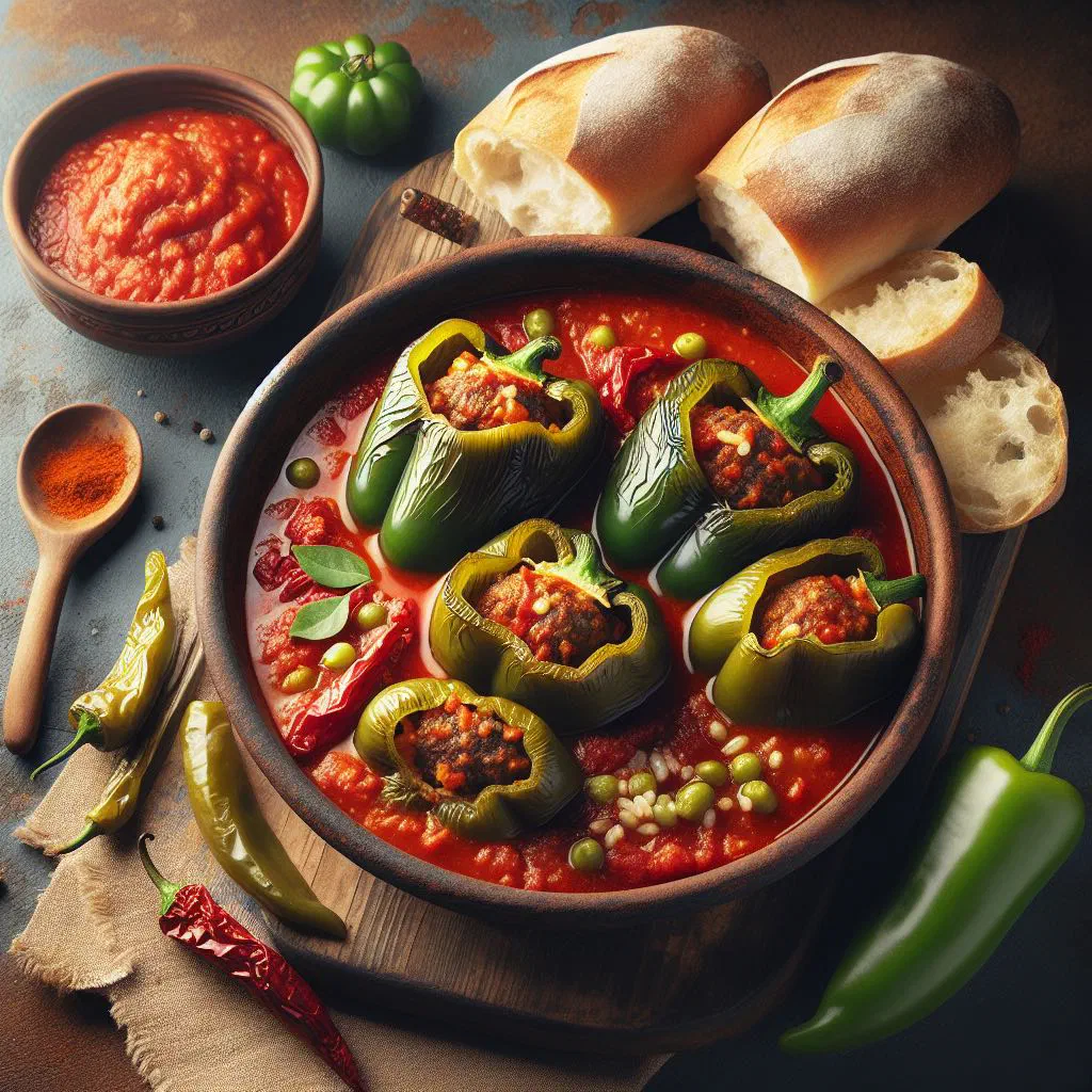 Baked stuffed peppers filled with rice and minced meat in a dish