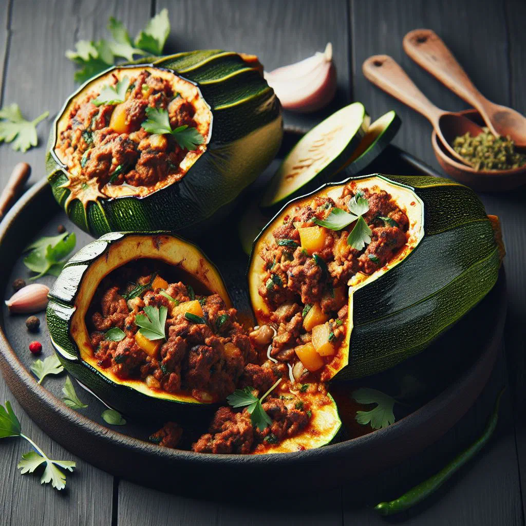 Pan-fried courgettes with minced meat, garnished with fresh parsley