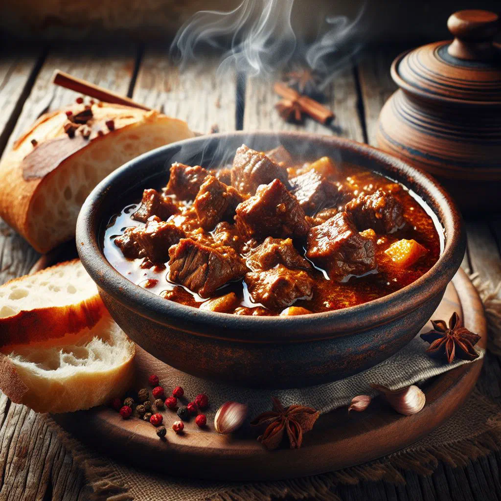 Rich Montenegrin beef goulash in red wine sauce with potatoes and parsley