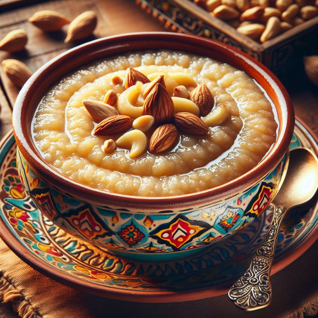 Creamy Moroccan assida topped with honey, melted butter and a dusting of cinnamon