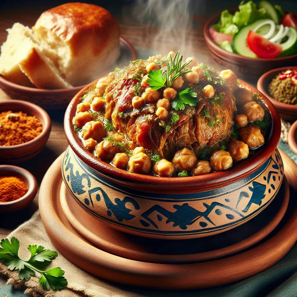 Moroccan babbouche chickpea stew garnished with fresh coriander