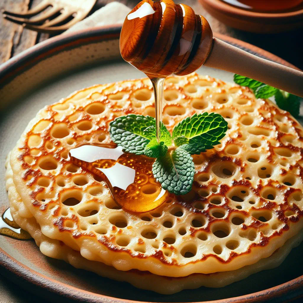 Stack of honeycomb baghrir pancakes drizzled with honey and butter