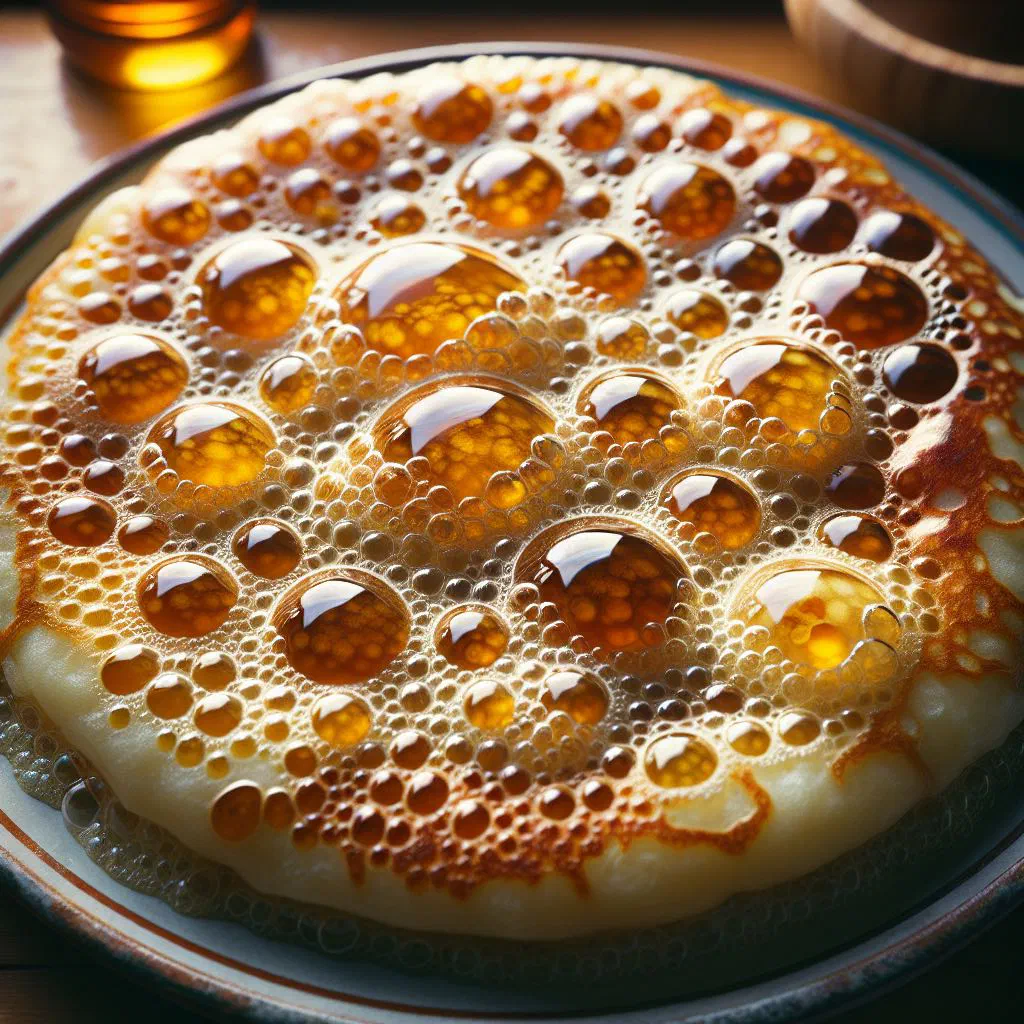 Stack of Moroccan baghrir pancakes drizzled with honey and butter
