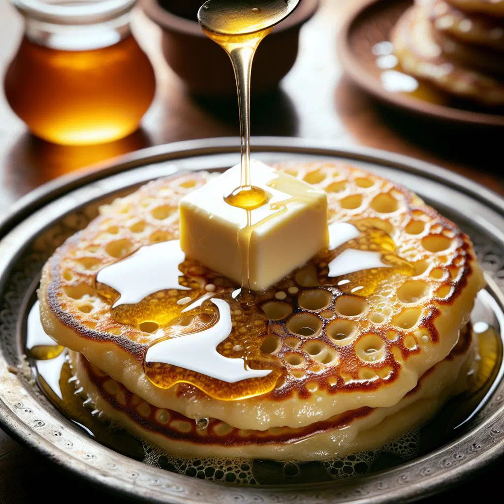 Stack of Moroccan baghrir pancakes drizzled with melted butter and honey