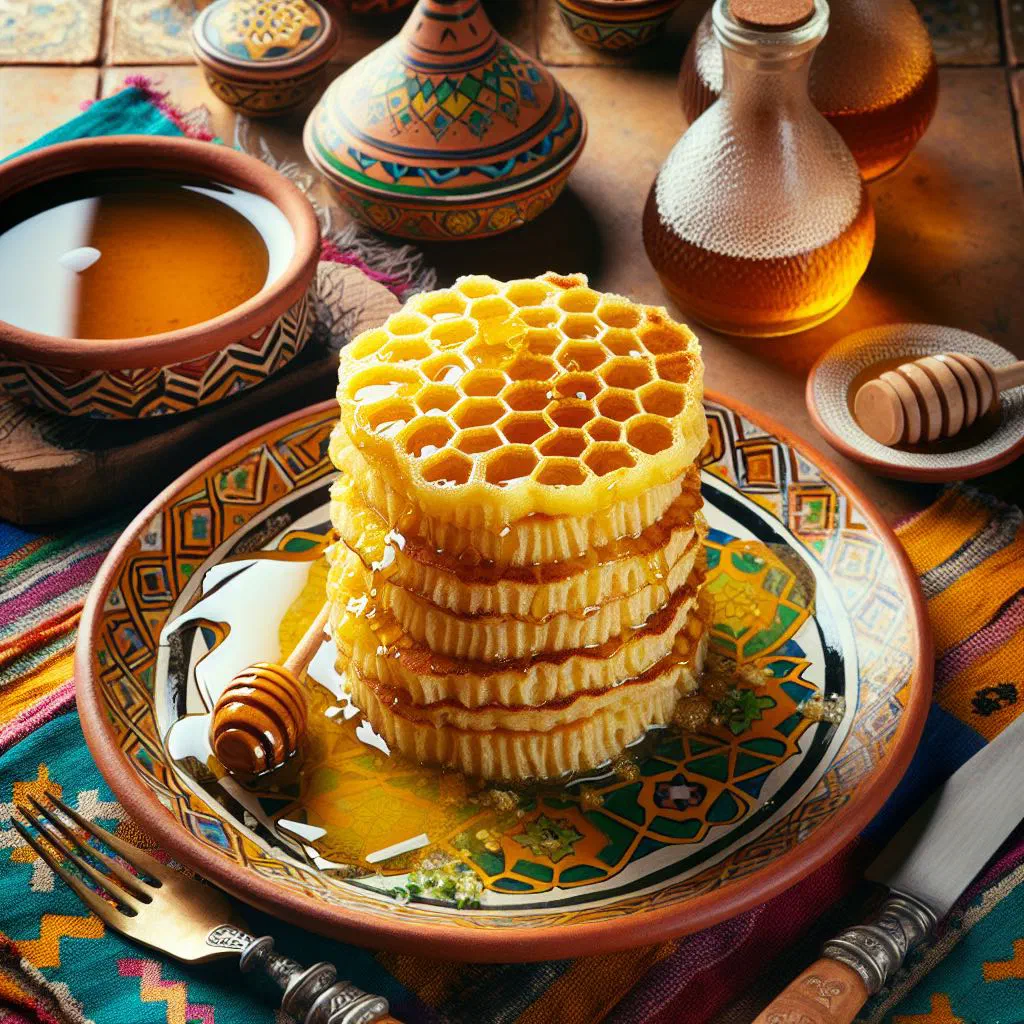 Stack of Moroccan beghrir pancakes drizzled with butter and honey