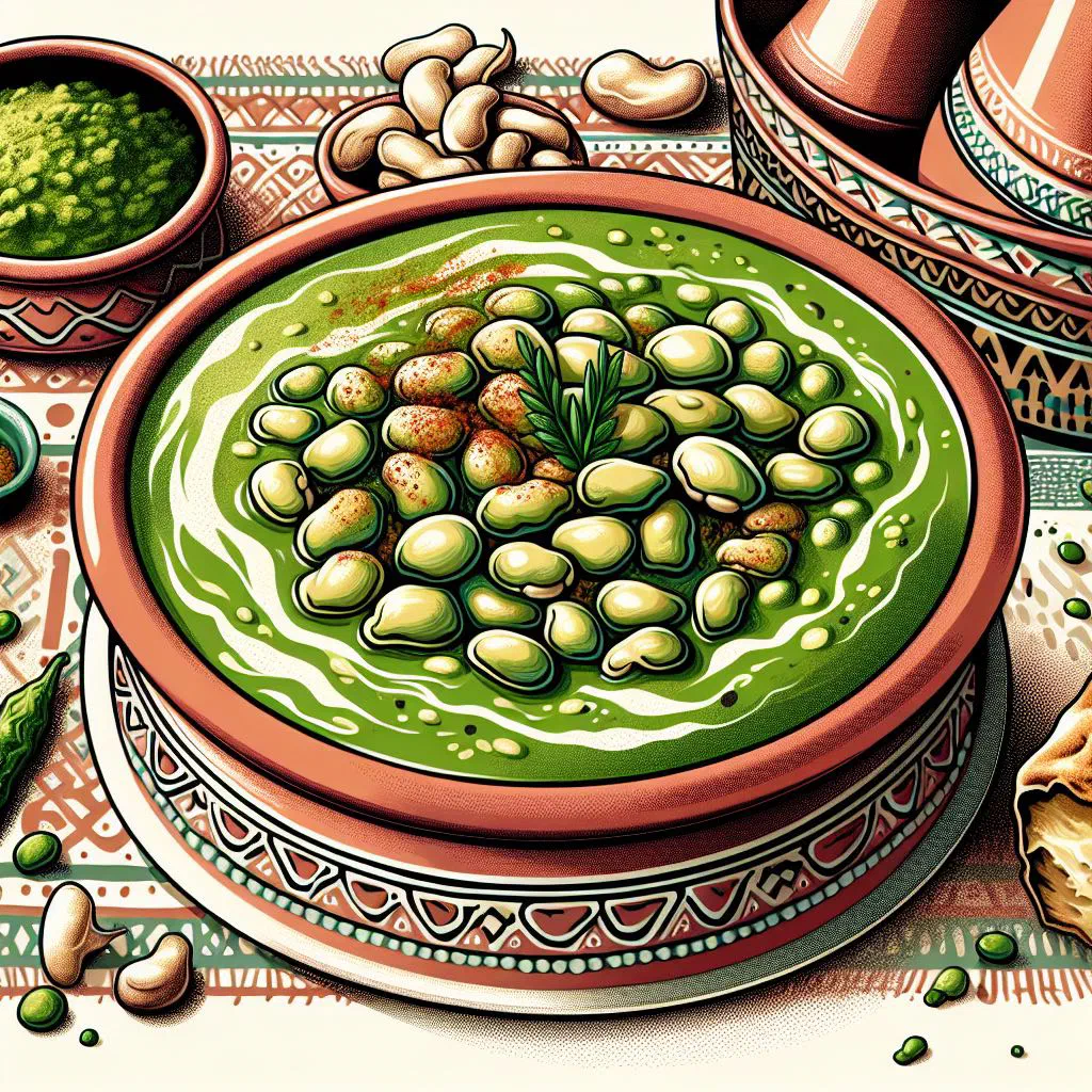 Bowl of Moroccan bissara split pea purée drizzled with olive oil and paprika