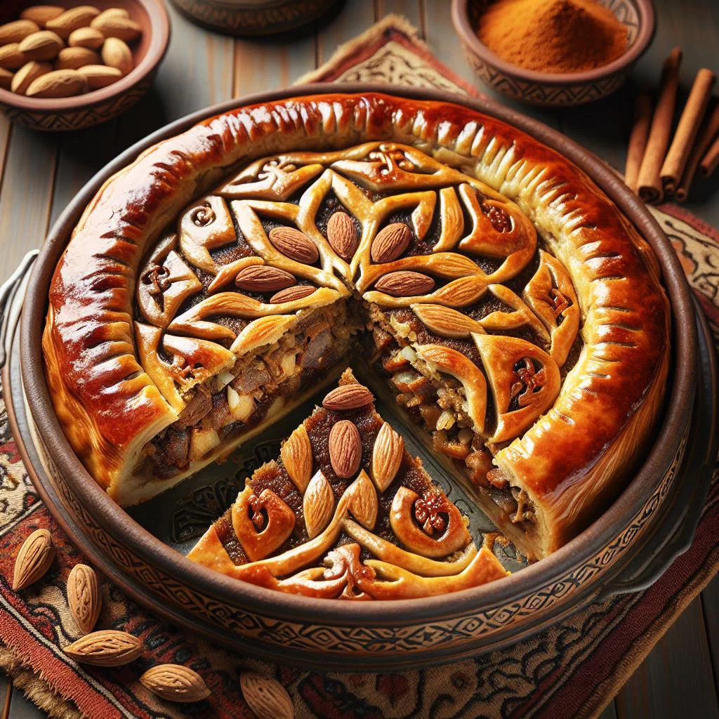 Golden Moroccan bisteeya dusted with icing sugar and cinnamon
