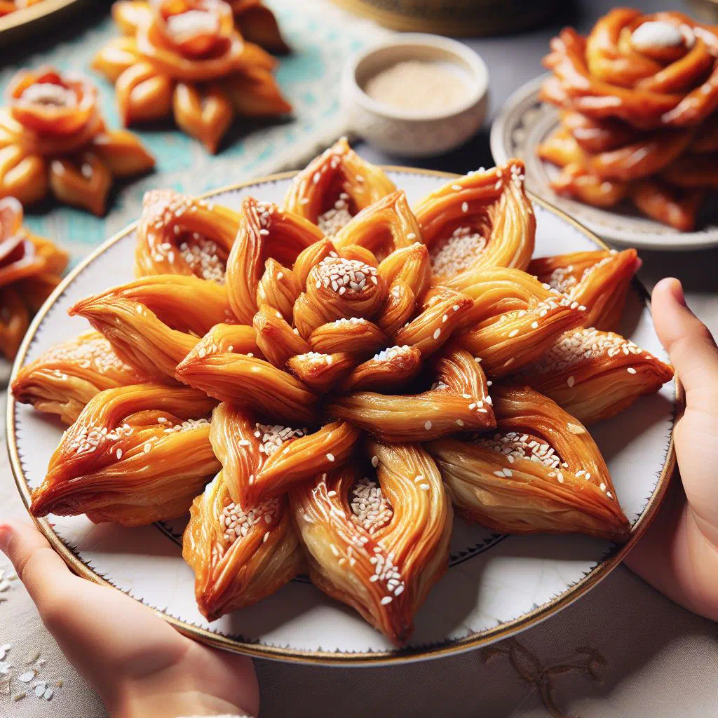 Spiral-shaped chebakia pastries coated in honey and sprinkled with sesame seeds