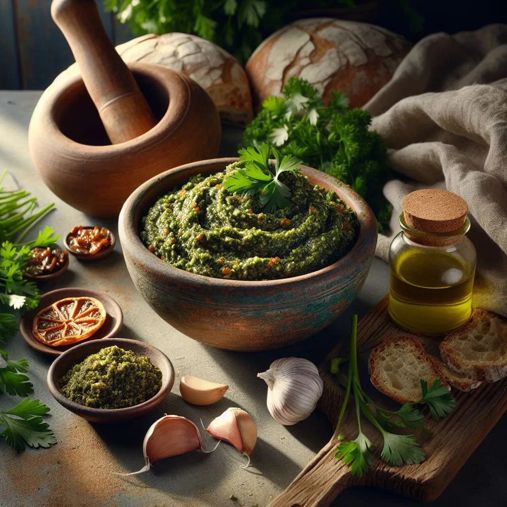 Bowl of green chermoula marinade with fresh herbs, garlic and lemon