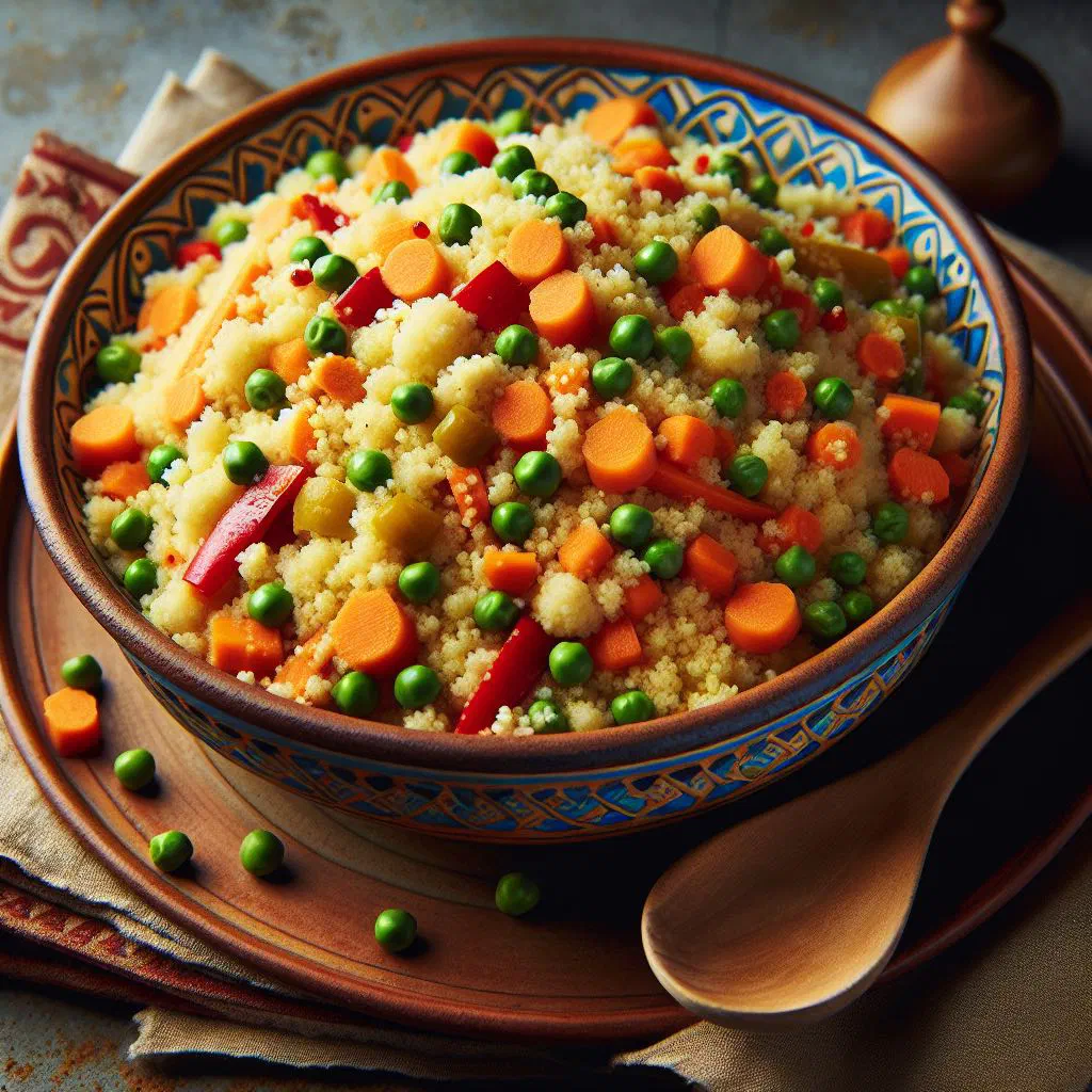 Steamed couscous with vegetables and chickpeas in a serving bowl