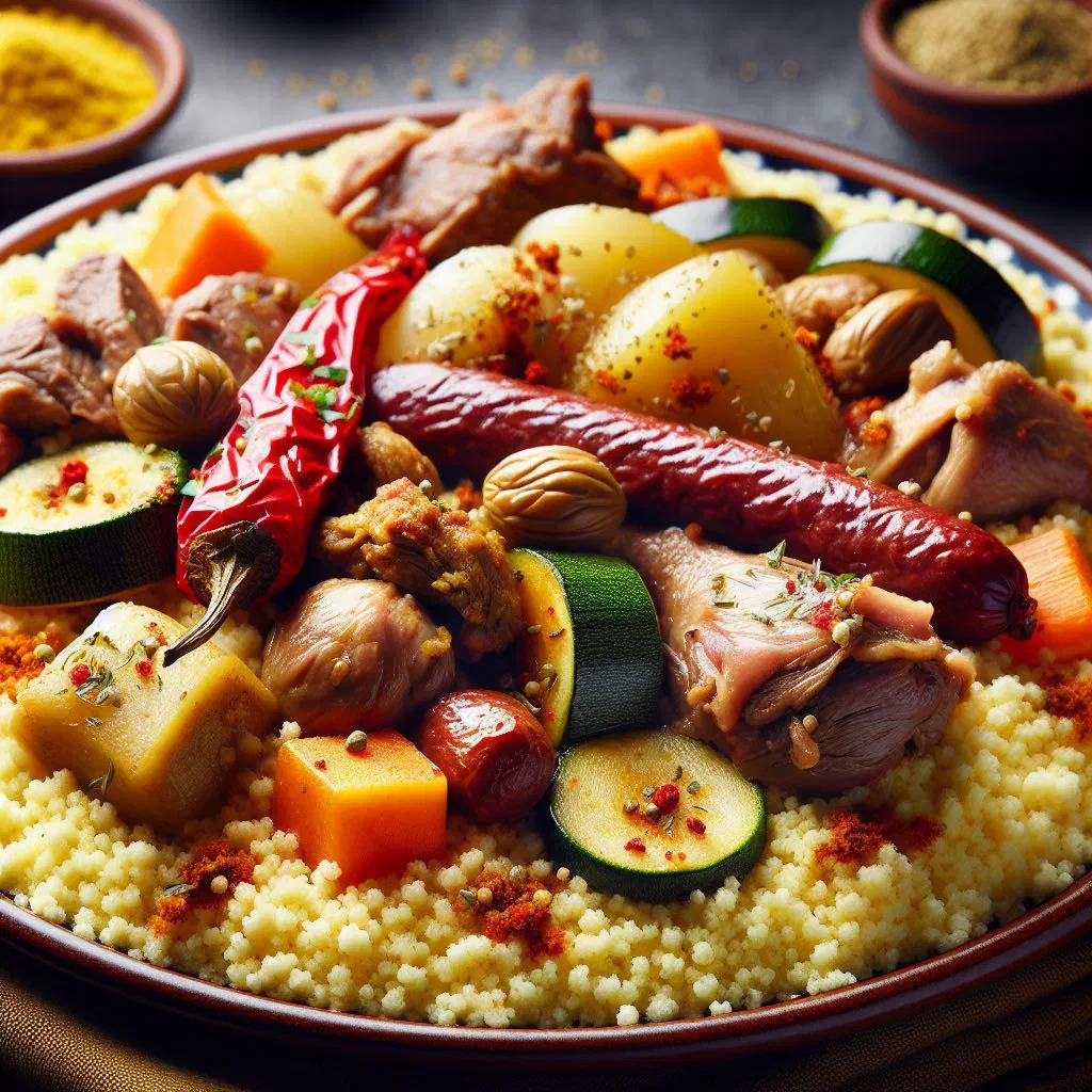 Couscous Royale with tender meat, vegetables and chickpeas on a platter