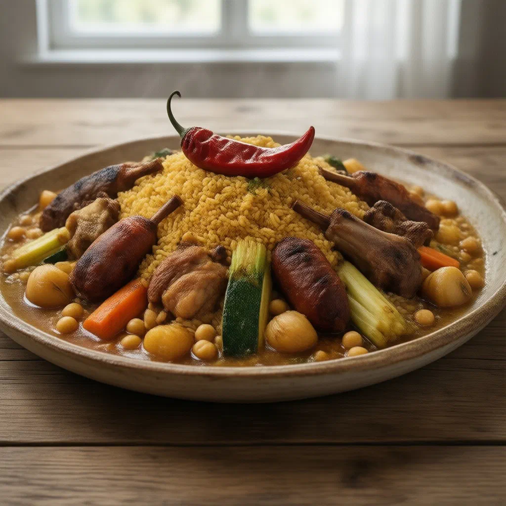 Couscous Royale with tender meat, vegetables and chickpeas on a platter